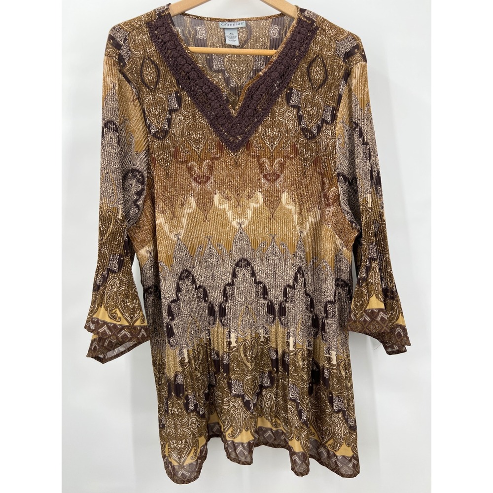 Catherine Maggie Barnes Womens 3X Paisley Pleated Crochet V-Neck Tunic Top Brown